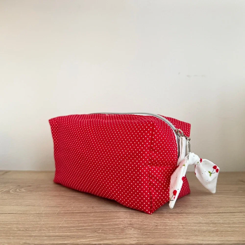 Handmade Red Polka Dot Cherry Print‎ Quilted Cosmetic Makeup Bag Travel Pouch